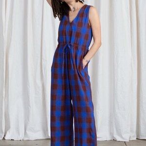Ali Golden Slit-back raw silk jumpsuit blue brown gingham - size M -  BNWOT